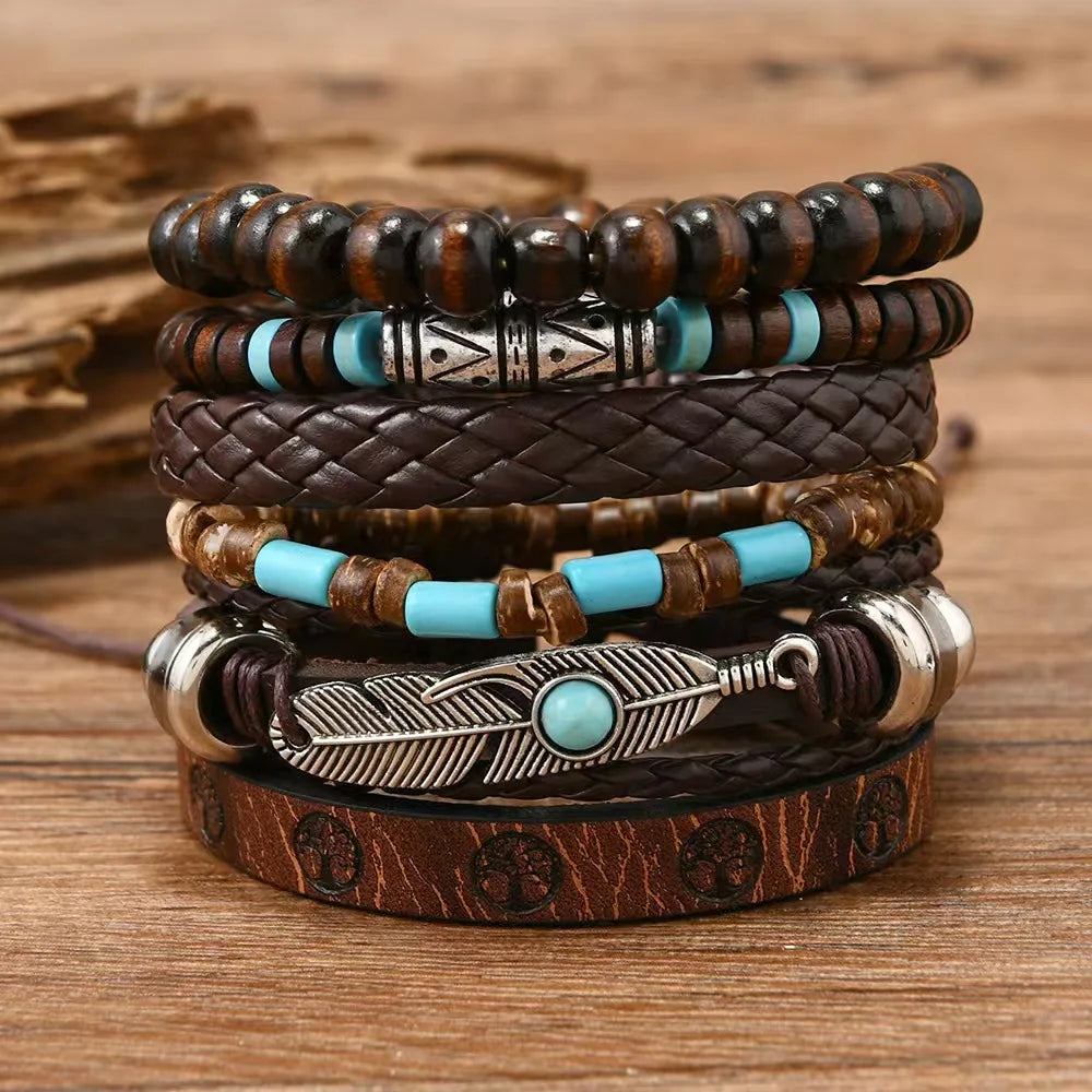 Feather Evil Eye Ethnic 5-6pc/set wood bead tree Charms bracelets Hamsa Hand Butterfly Bohemia Men Bracelets Women Jewelry