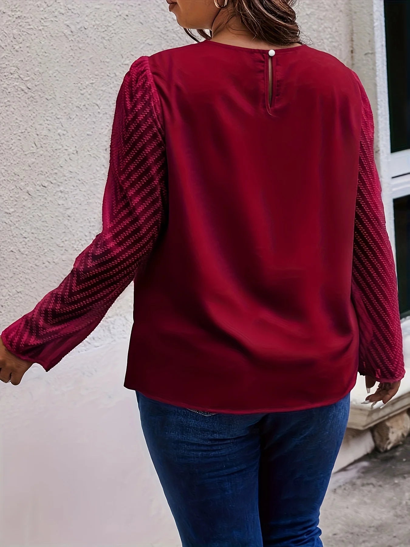 Plus Size Women's Solid Elegant Crew Neck Shirt Casual Mesh Patchwork Long Sleeved Temperament Commuting Versatile Fashion Tops
