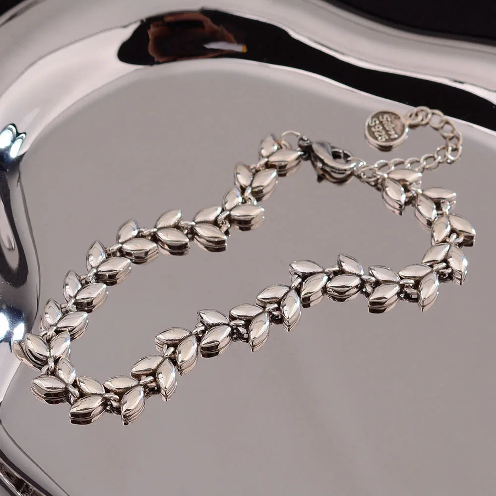 100% Solid 925 Sterling Silver Metal Bracelet for Women Men Vintage Handmade Simple Wheat Shape Bracelet Birthday Gift S-B451