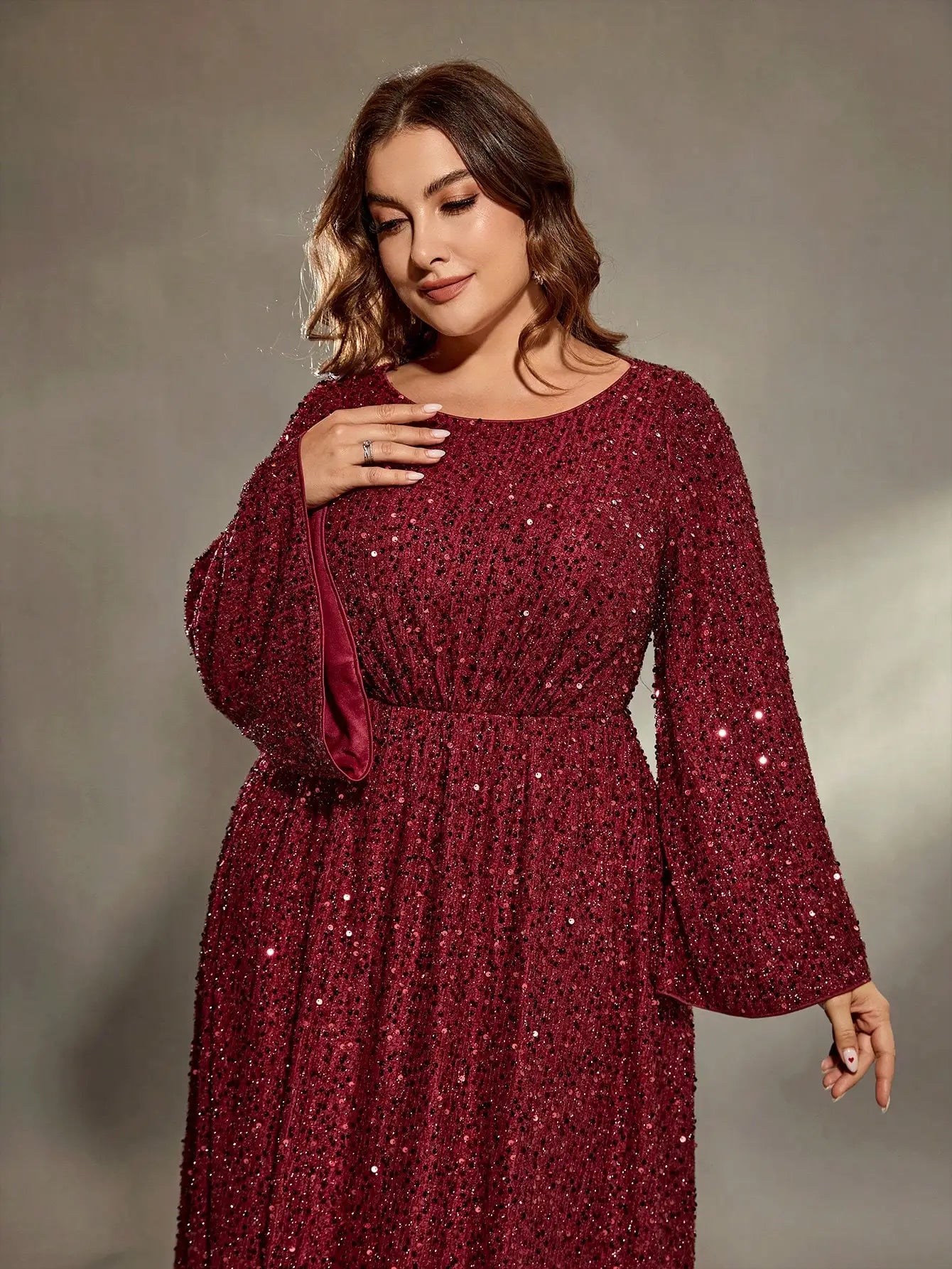 Mgiacy plus size Round neck flared sleeves bust pleated sequins A full skirt Evening gown PROM dress Party dress