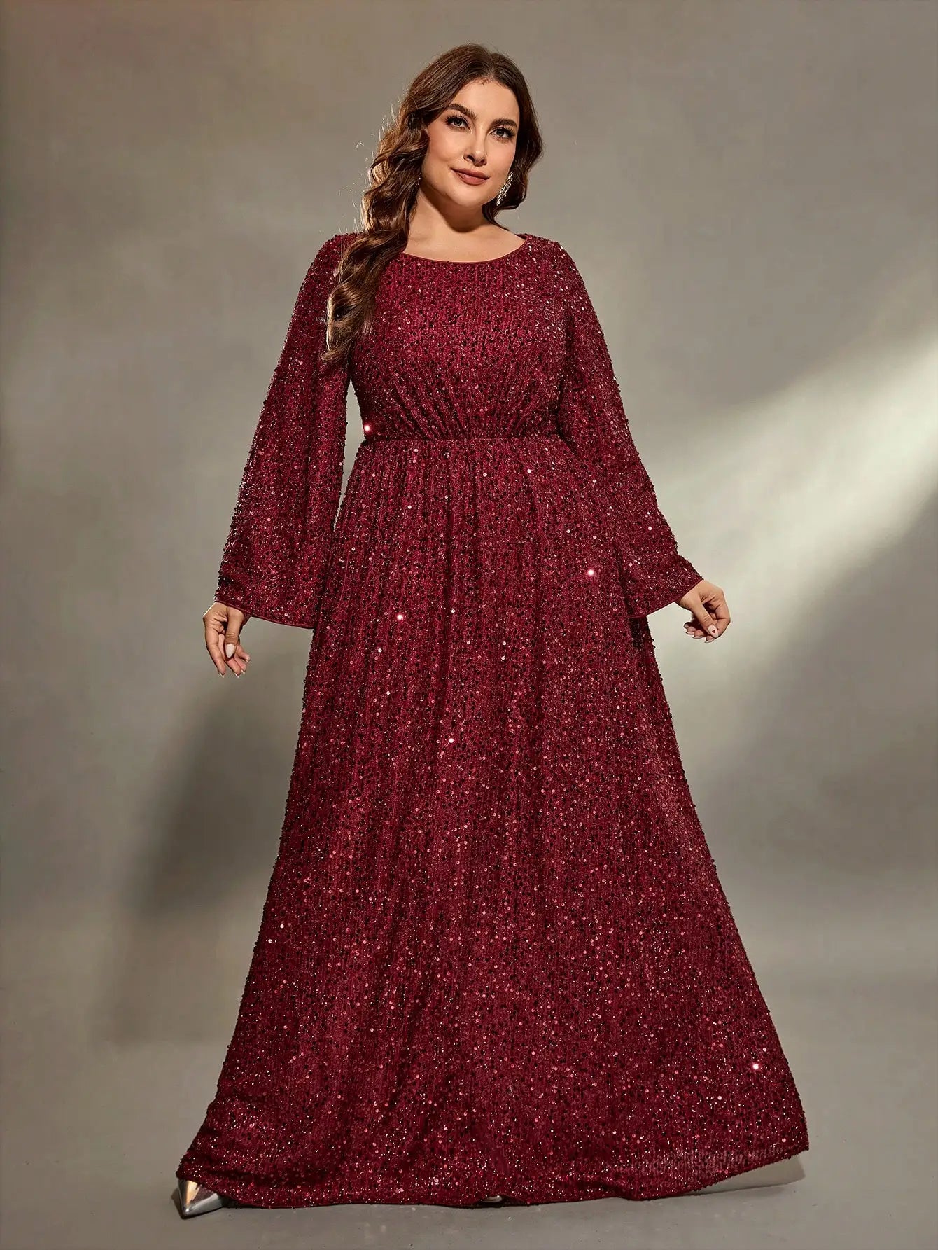 Mgiacy plus size Round neck flared sleeves bust pleated sequins A full skirt Evening gown PROM dress Party dress