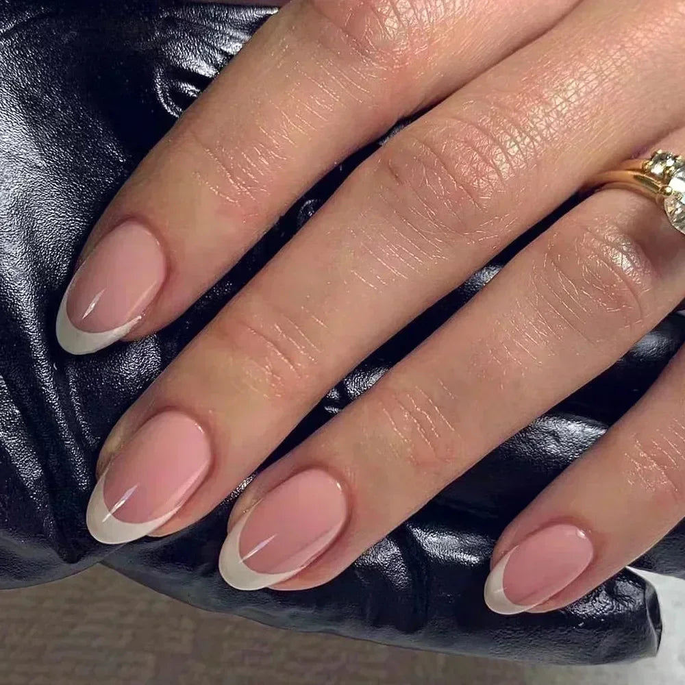 24Pcs French False Nails Almond Fake Nails with Glue Press on White Edge Design Wearable Simple Ins Pink Stiletto Nail Tips
