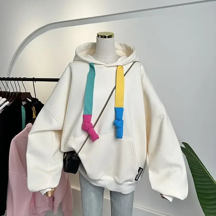 Candy-colored hooded sweater women 2024 autumn and winter new Korean fashion color drawstring loose plus size coat