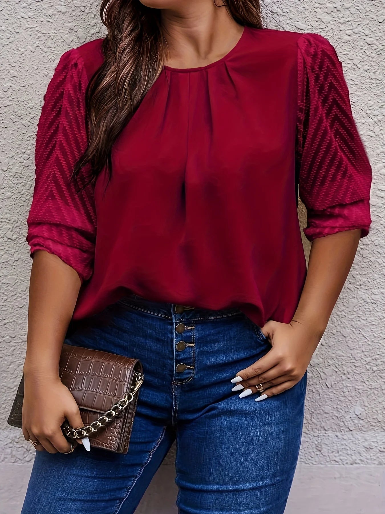 Plus Size Women's Solid Elegant Crew Neck Shirt Casual Mesh Patchwork Long Sleeved Temperament Commuting Versatile Fashion Tops