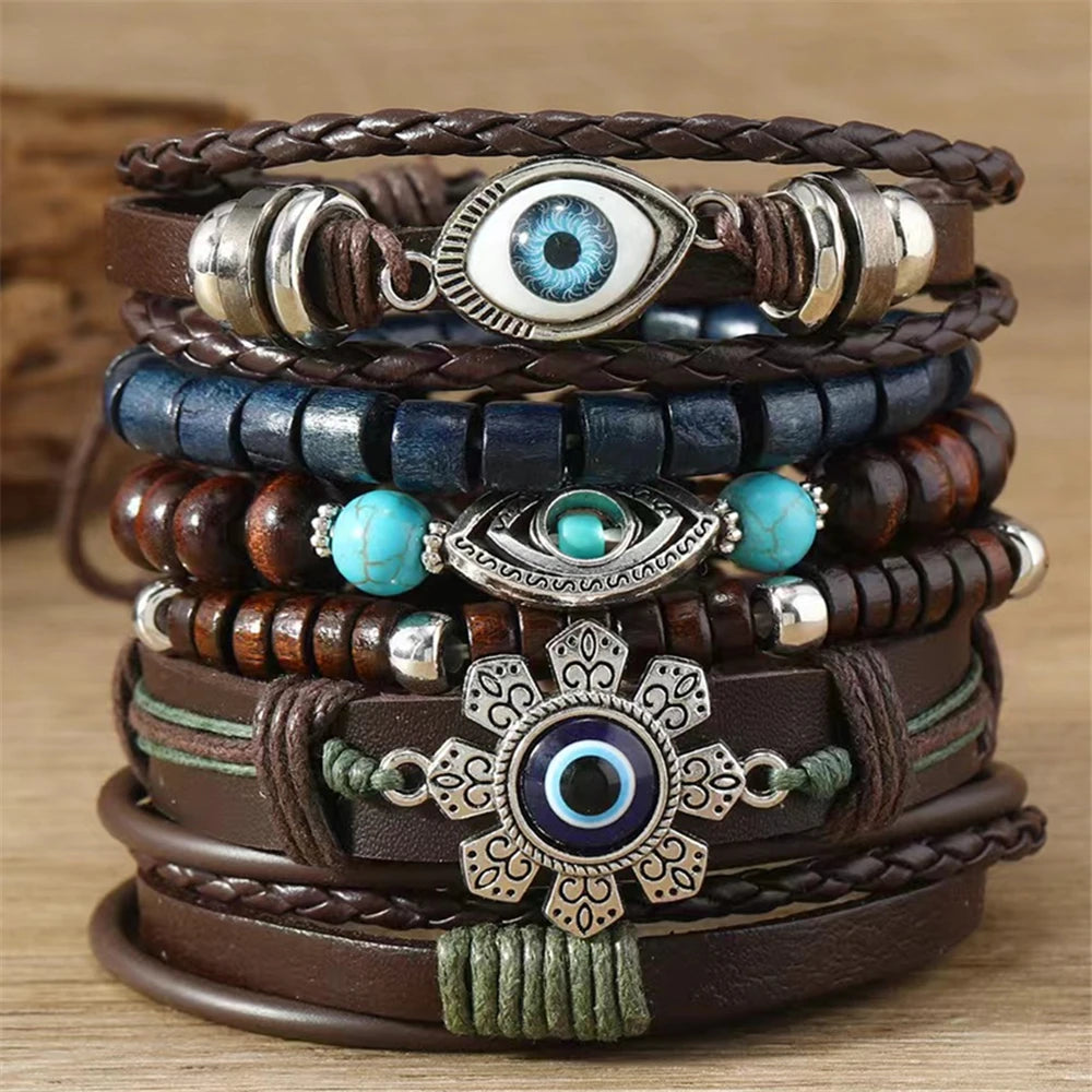 Feather Evil Eye Ethnic 5-6pc/set wood bead tree Charms bracelets Hamsa Hand Butterfly Bohemia Men Bracelets Women Jewelry