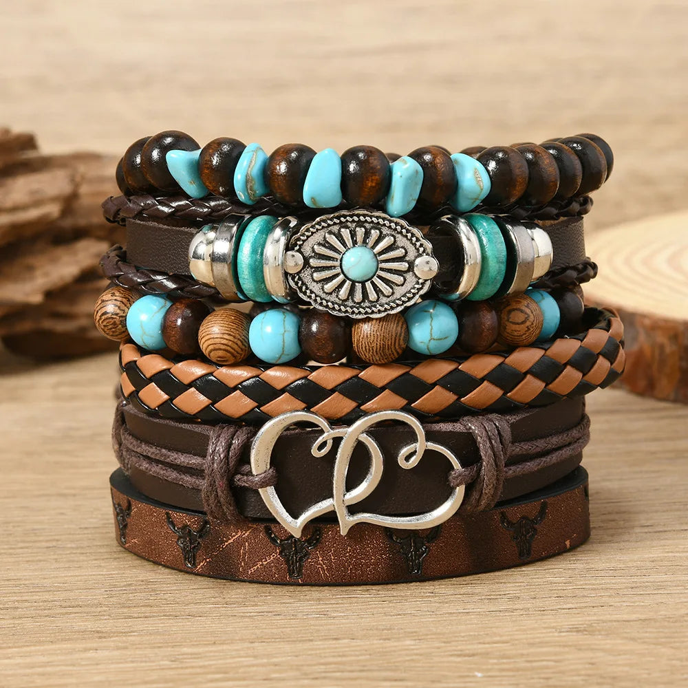 Feather Evil Eye Ethnic 5-6pc/set wood bead tree Charms bracelets Hamsa Hand Butterfly Bohemia Men Bracelets Women Jewelry