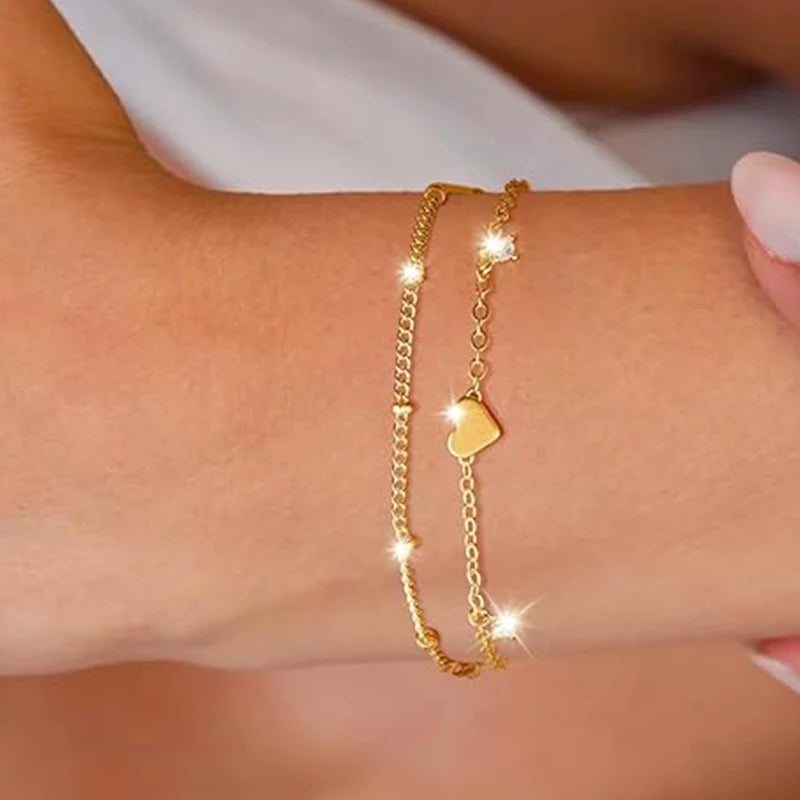 Dainty 14k Gold Plated Bracelets Love Heart Stainless Steel Bracelets for Women Chain Bracelet CZ Gifts Women's Jewelry Summer