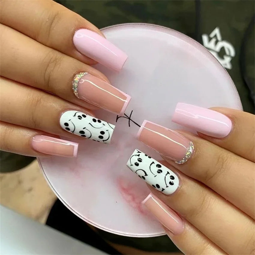 24Pcs/Set Press on Nails False Nails with Flower Design Long Coffin French Ballerina Fake Nails Art Full Cover Acrylic Nail Tips