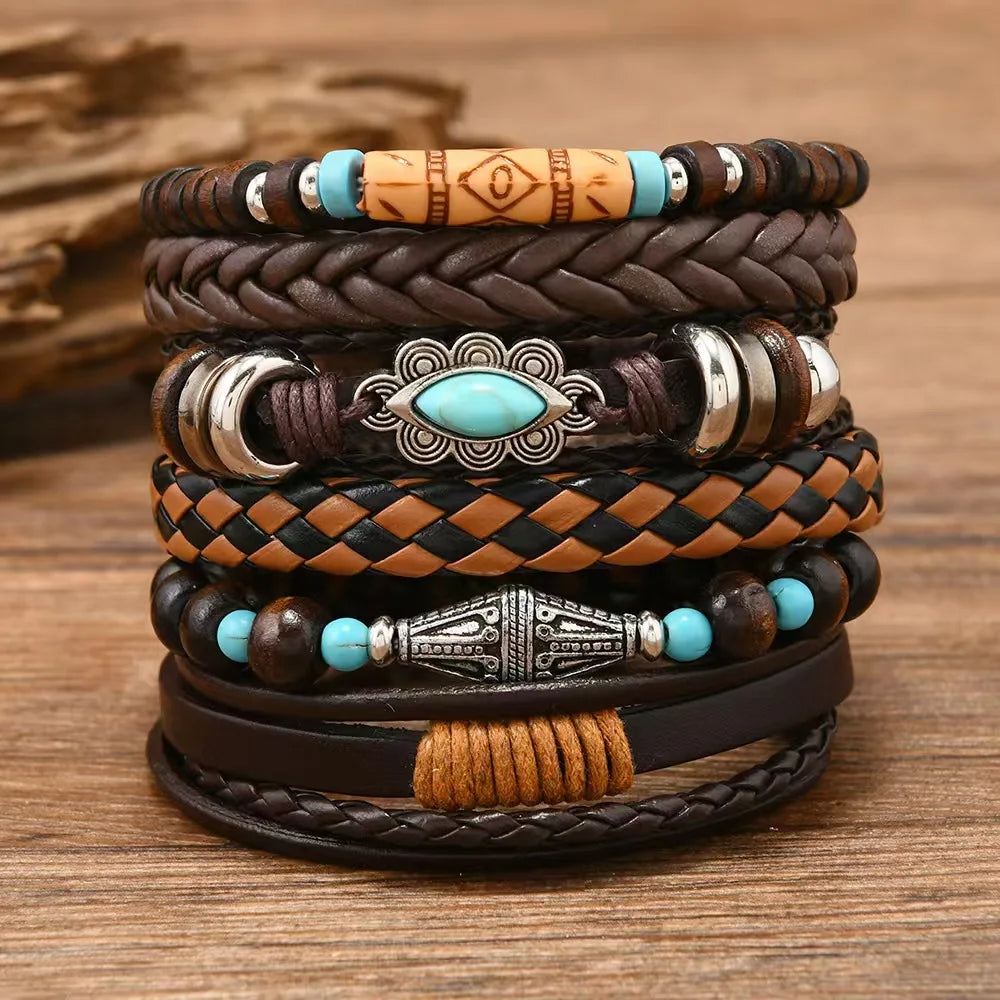 Feather Evil Eye Ethnic 5-6pc/set wood bead tree Charms bracelets Hamsa Hand Butterfly Bohemia Men Bracelets Women Jewelry