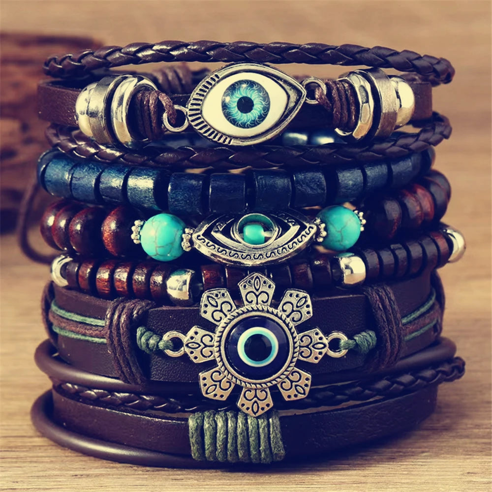 Feather Evil Eye Ethnic 5-6pc/set wood bead tree Charms bracelets Hamsa Hand Butterfly Bohemia Men Bracelets Women Jewelry