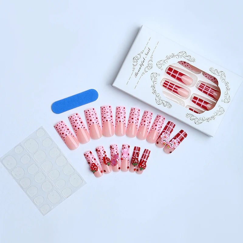 24PCS Sweet Long Strawberry Cute Bear False Nails Designs Fake Nails For Women Girls On Nail Art Embellishment Wearable Nails