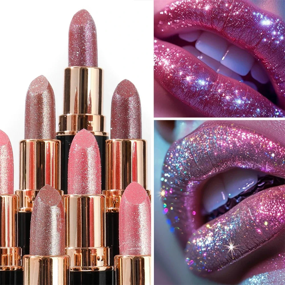6Colors Glitter Metallic Lipstick Waterproof Long Lasting Diamond Pearlescent Lipstick Sexy Lipgloss Moisturizing Lips Makeup