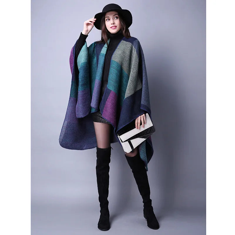 Thicken Winter Shawl Wraps Cape Women Fall Ponchos Plus Size Block Plaid Open Front Sweater Fleece Scarf Coat Holiday Outfits