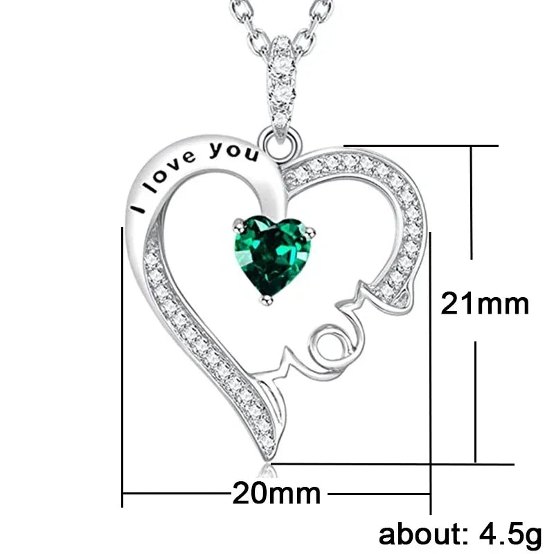 New Mother's Day Women Necklace Love Green Cubic Zirconia Letter "I You" Exquisite Anniversary Gift Mom Fashion Jewelry
