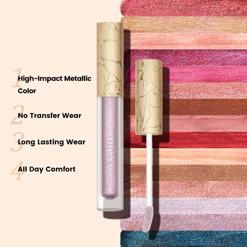 FOCALLURE 15 Colors Metallic Lip Gloss Glitter Liquid Lipstick Diamond Lip Tint Moisturizing Shiny Lip Glaze Makeup Cosmetics