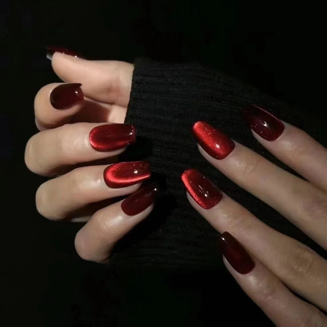 30Pcs Press on Nails,Red Short Round,Square Head,Long Pointed Head,New Year's Deep Red Removable Nail with Free Glue for Women