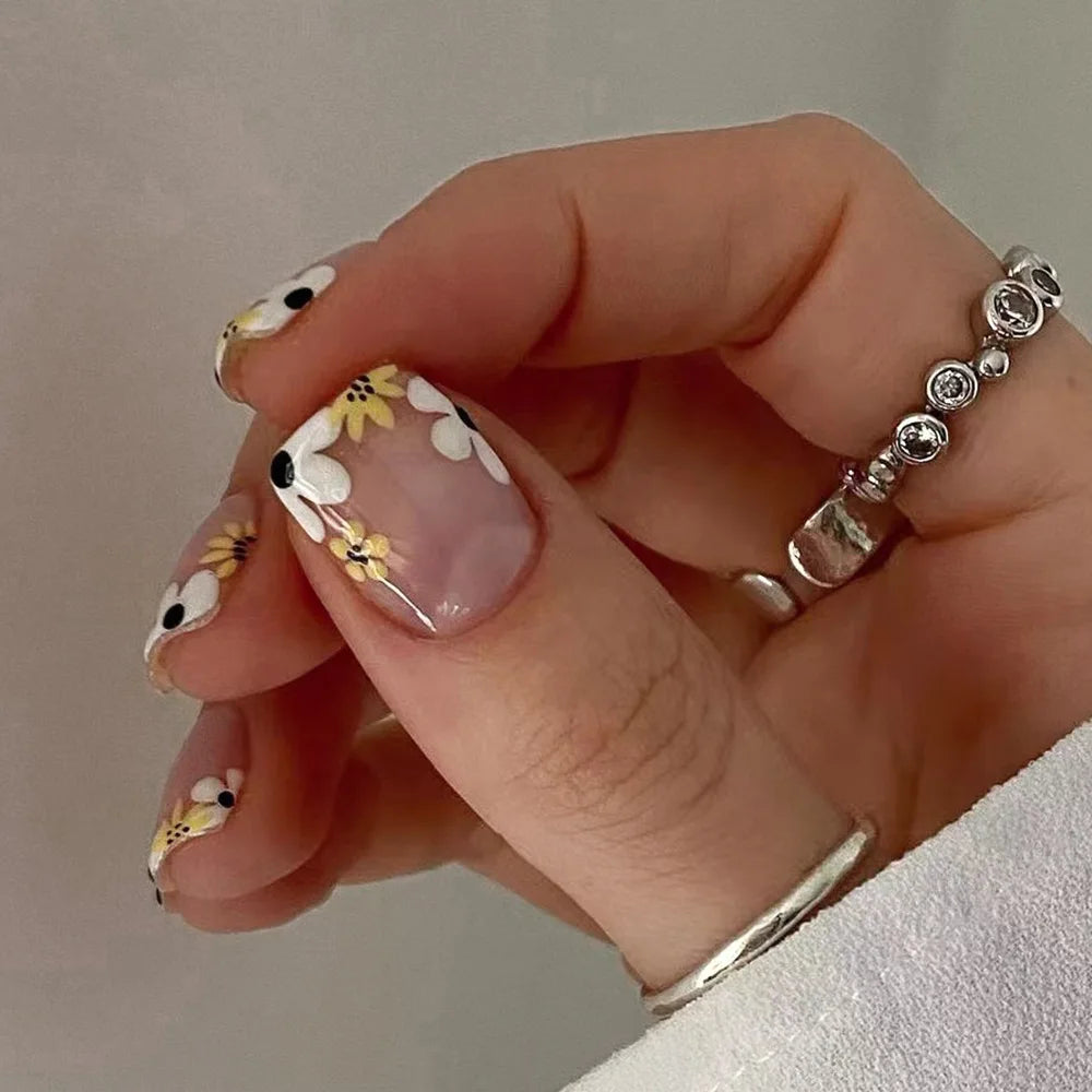 24Pcs Simple Square False Nails Short French Fake Nails Press on Colorful Flowers Design Full Cover Nail Tips Manicure Tools