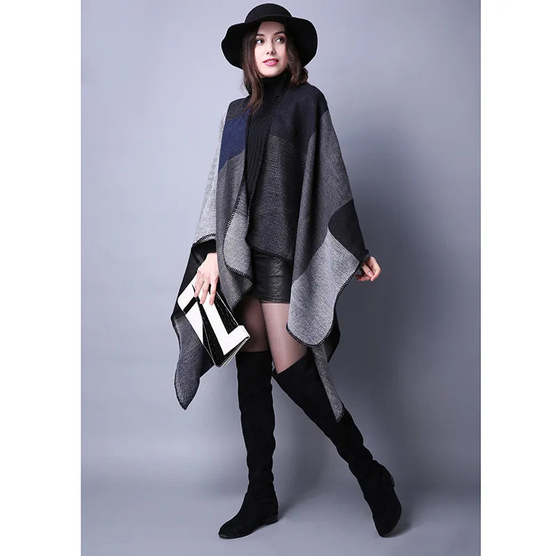 Thicken Winter Shawl Wraps Cape Women Fall Ponchos Plus Size Block Plaid Open Front Sweater Fleece Scarf Coat Holiday Outfits