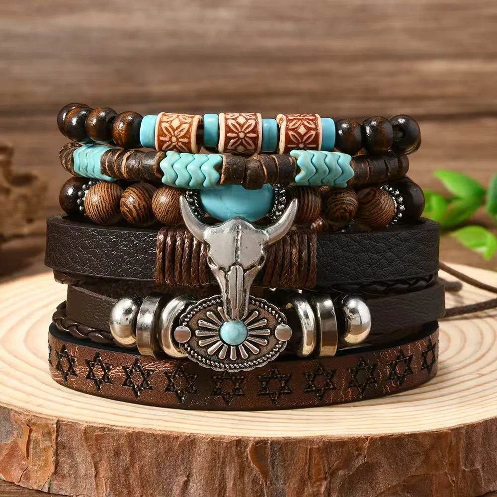Feather Evil Eye Ethnic 5-6pc/set wood bead tree Charms bracelets Hamsa Hand Butterfly Bohemia Men Bracelets Women Jewelry