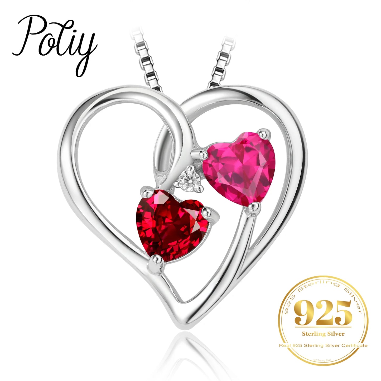 Potiy Heart Shape Created Ruby Pink Sapphire cute Pendant Necklace 925 Sterling Silver for Women valentines day gift Jewelry
