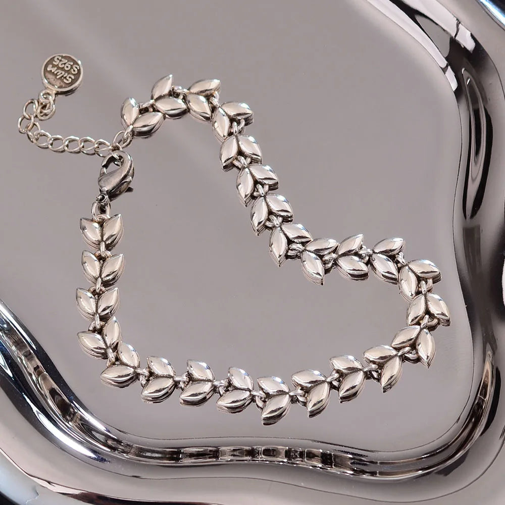 100% Solid 925 Sterling Silver Metal Bracelet for Women Men Vintage Handmade Simple Wheat Shape Bracelet Birthday Gift S-B451