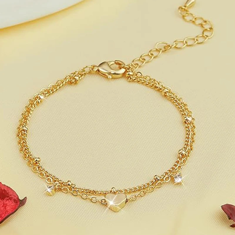Dainty 14k Gold Plated Bracelets Love Heart Stainless Steel Bracelets for Women Chain Bracelet CZ Gifts Women's Jewelry Summer