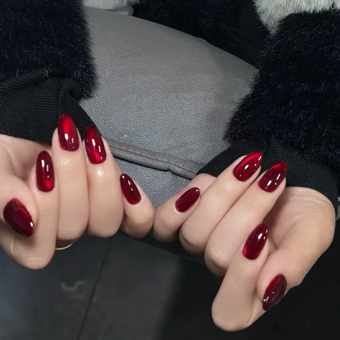 30Pcs Press on Nails,Red Short Round,Square Head,Long Pointed Head,New Year's Deep Red Removable Nail with Free Glue for Women