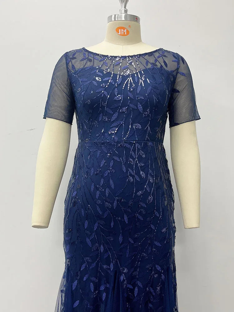 2023 Plus Size Sequin Mesh Mermaid Slim Evening Dress Beaded Leaves Pattern Formal Women Elegant Party Prom Gowns Short Sleeve
