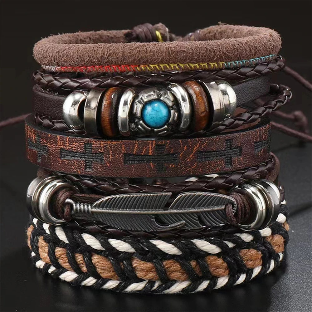 Feather Evil Eye Ethnic 5-6pc/set wood bead tree Charms bracelets Hamsa Hand Butterfly Bohemia Men Bracelets Women Jewelry
