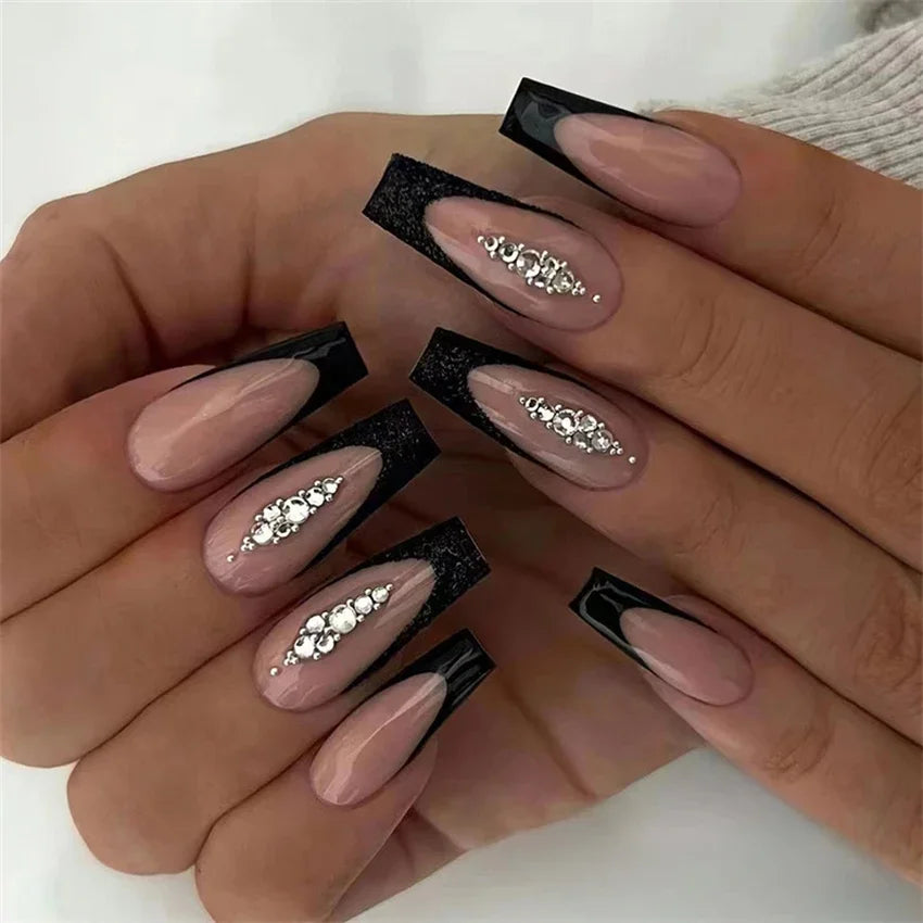 24Pcs/Set Press on Nails False Nails with Flower Design Long Coffin French Ballerina Fake Nails Art Full Cover Acrylic Nail Tips
