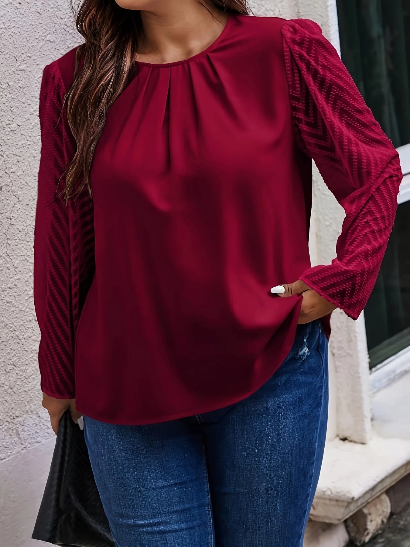 Plus Size Women's Solid Elegant Crew Neck Shirt Casual Mesh Patchwork Long Sleeved Temperament Commuting Versatile Fashion Tops