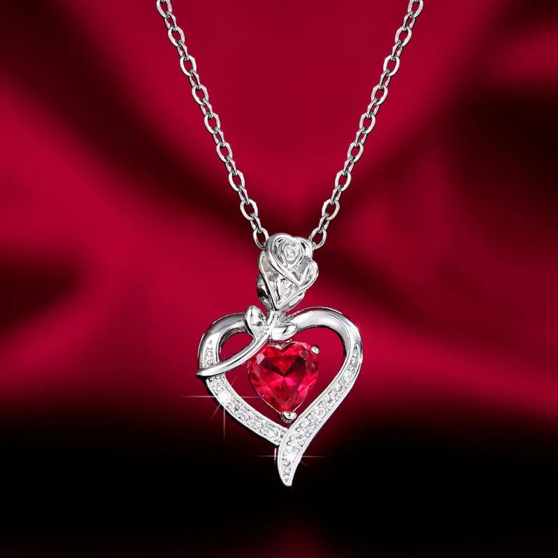 Huitan Red Heart CZ Pendant Necklace with Rose Flower Anniversary Gift for Lover/Mom 2023 New Design Women Jewelry Mother's Day