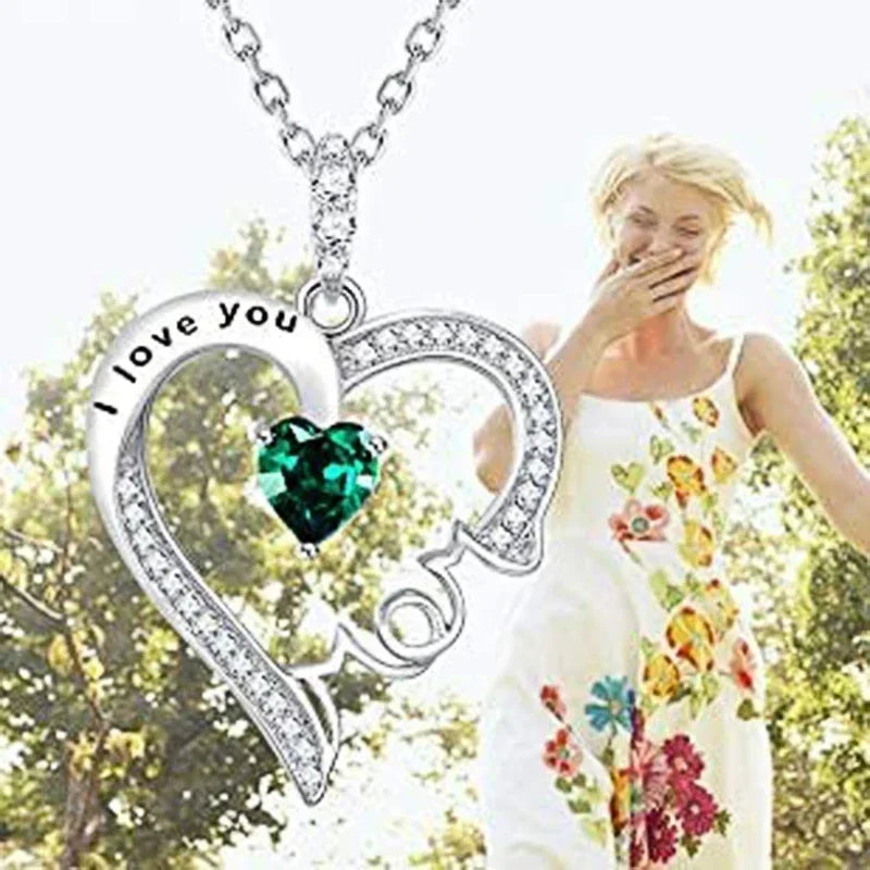 New Mother's Day Women Necklace Love Green Cubic Zirconia Letter "I You" Exquisite Anniversary Gift Mom Fashion Jewelry
