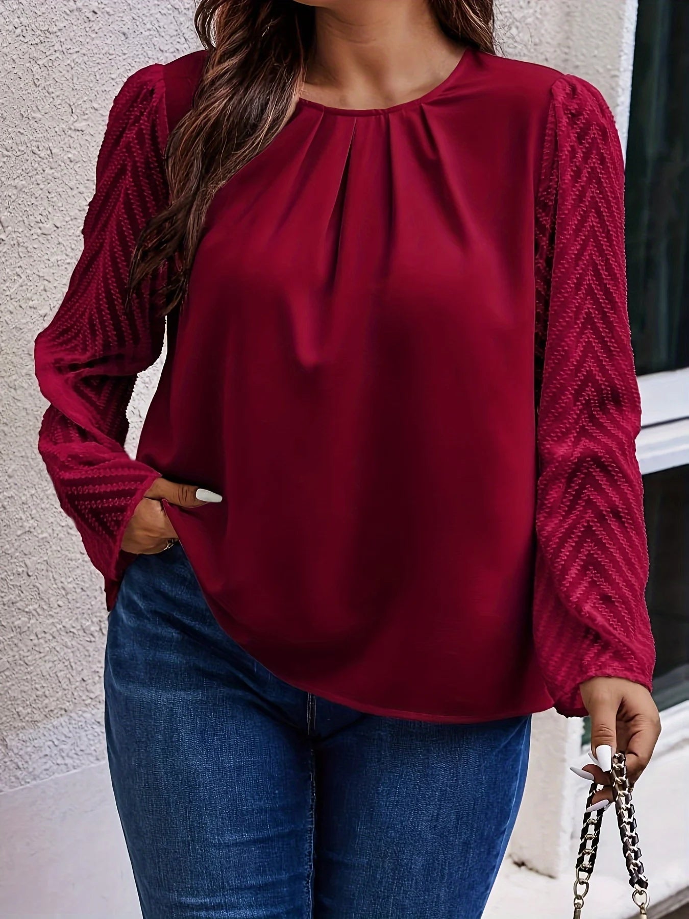 Plus Size Women's Solid Elegant Crew Neck Shirt Casual Mesh Patchwork Long Sleeved Temperament Commuting Versatile Fashion Tops