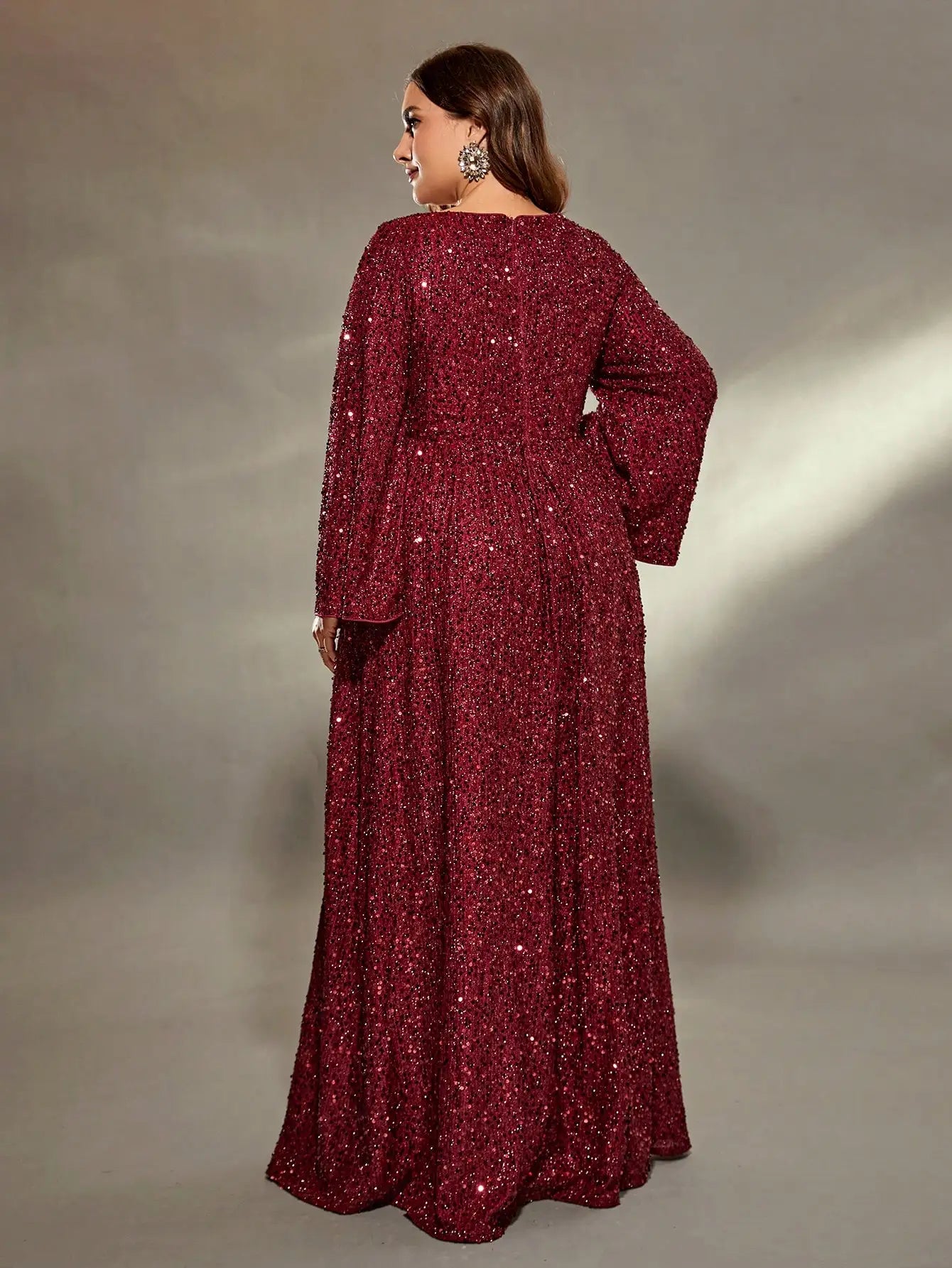 Mgiacy plus size Round neck flared sleeves bust pleated sequins A full skirt Evening gown PROM dress Party dress