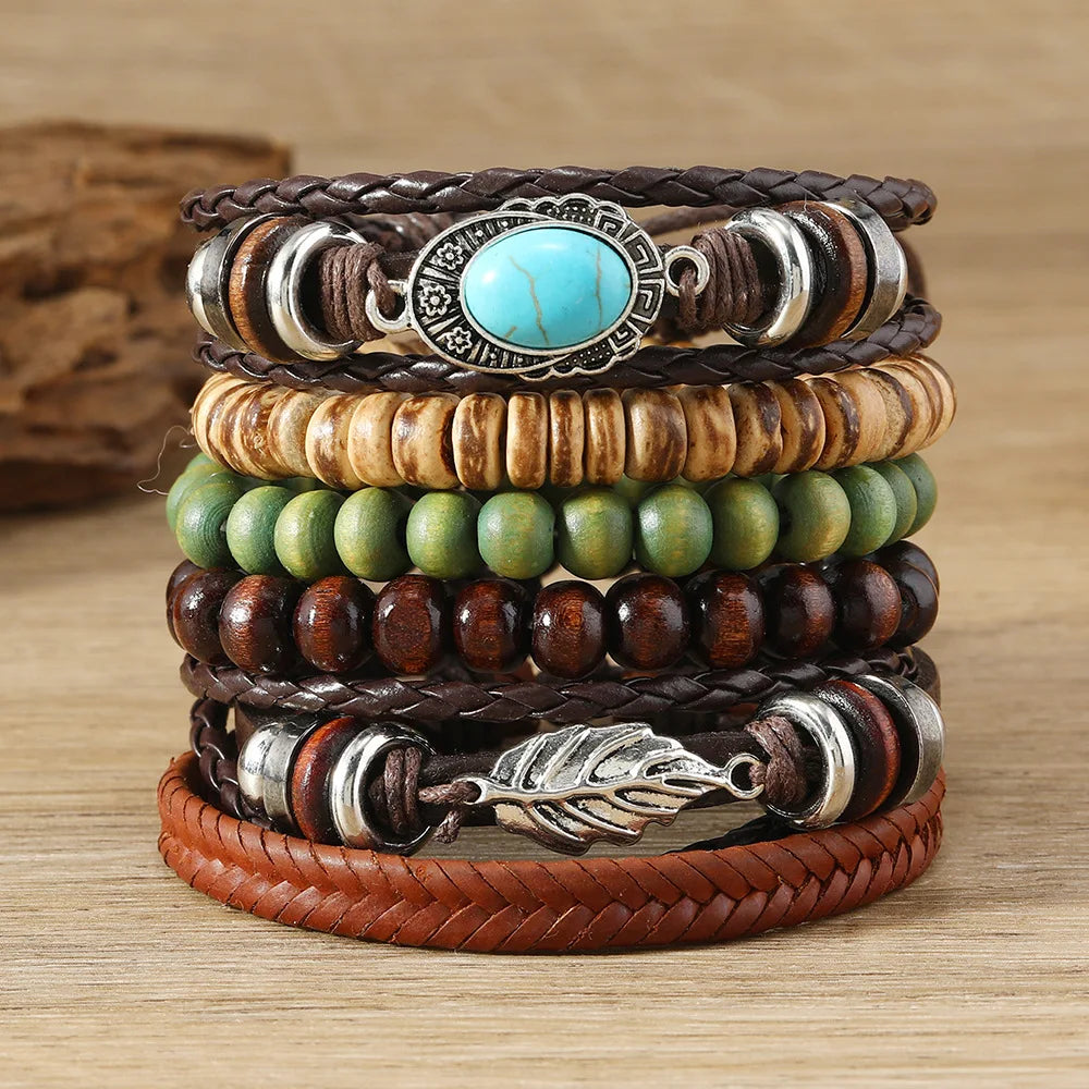 Feather Evil Eye Ethnic 5-6pc/set wood bead tree Charms bracelets Hamsa Hand Butterfly Bohemia Men Bracelets Women Jewelry