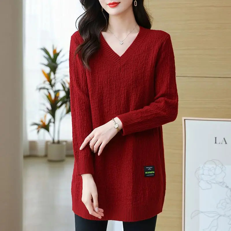 Women's Pullover Solid V-Neck Mid Length Sweater Loose Plus Size Autumn and Winter Female Clothing Fashion Long Sleeve Knit Tops