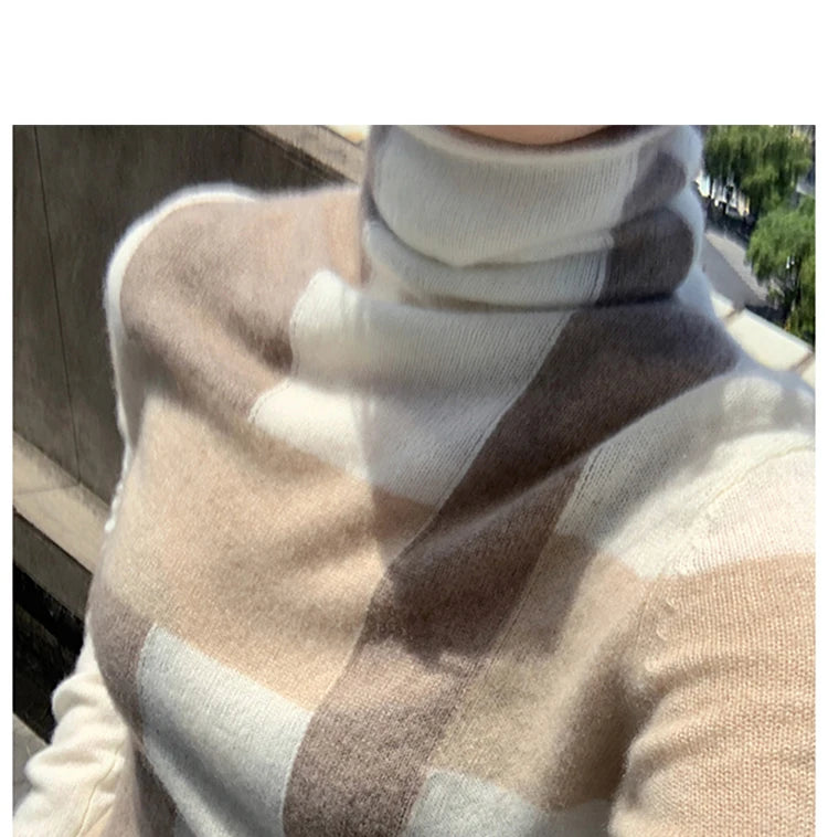 New Cashmere Sweater Women's High-Neck Color Matching 100% Pure Wool Pullover Fashion Plus Size Warm Knitted Bottoming Shir