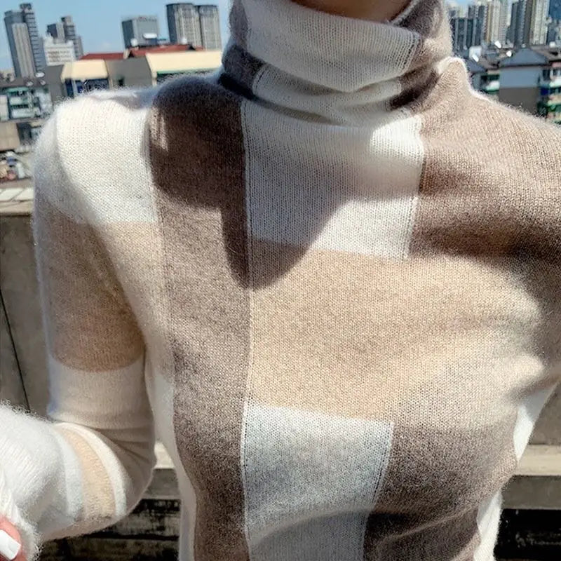 New Cashmere Sweater Women's High-Neck Color Matching 100% Pure Wool Pullover Fashion Plus Size Warm Knitted Bottoming Shir