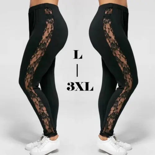 L-3XL Plus Size Trousers For Women Fashion Casual Black Slimming High Waist Lace Patchwork See Through Leggings Pants 2023