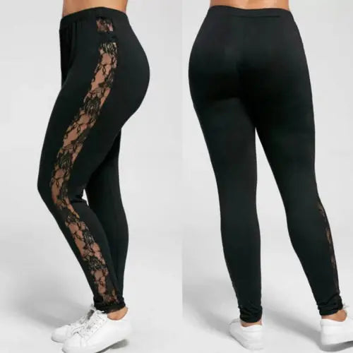 L-3XL Plus Size Trousers For Women Fashion Casual Black Slimming High Waist Lace Patchwork See Through Leggings Pants 2023