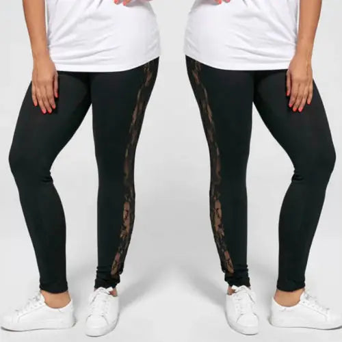 L-3XL Plus Size Trousers For Women Fashion Casual Black Slimming High Waist Lace Patchwork See Through Leggings Pants 2023