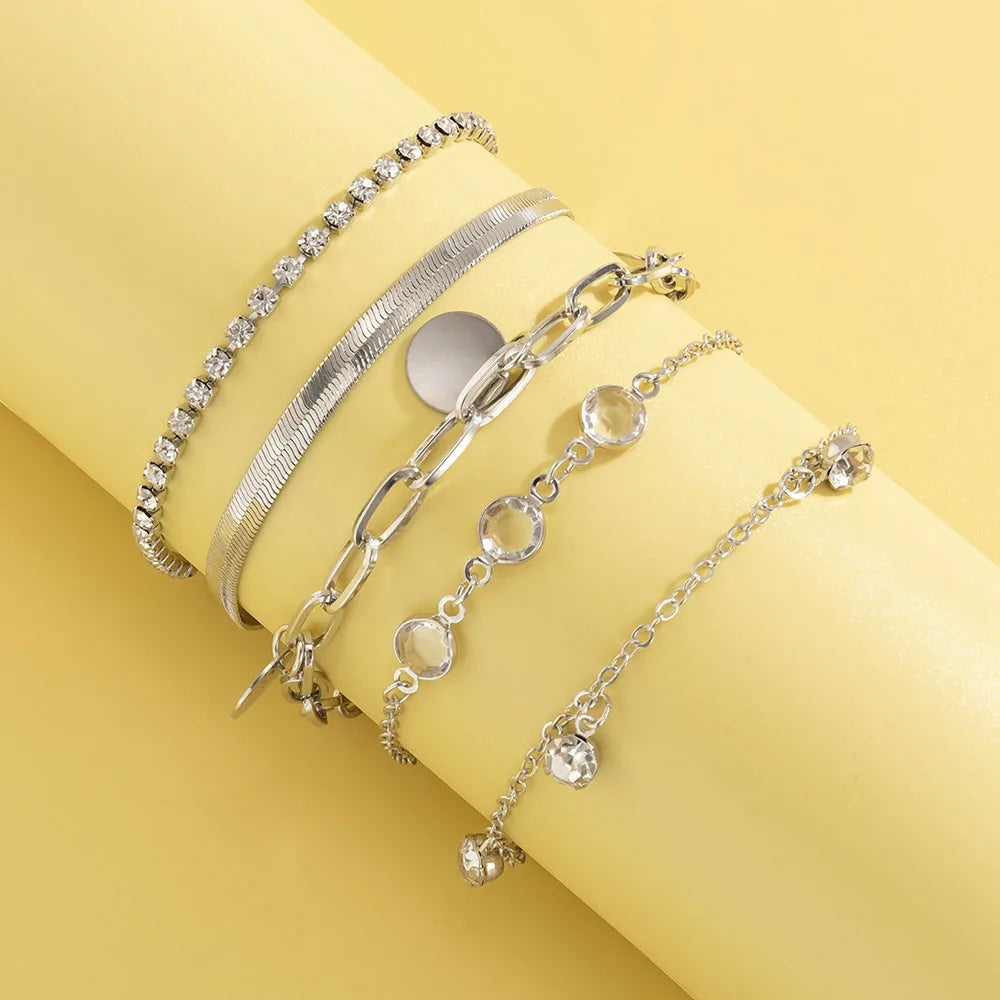 Boho Flat Snake Bone Chain Rhinestone Sequin Pendant Bracelet Set Lady Geometric Fashion Bracelets Combination Girl Jewelry