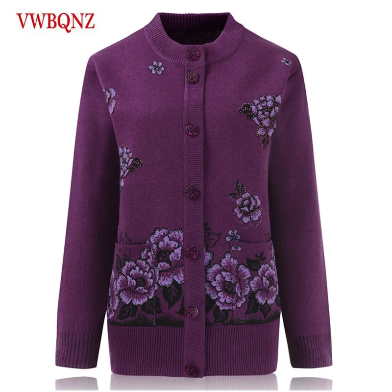 Grandma Knitted Cardigan Jacket Autumn Winter Loose Women Print Long-sleeve Sweater Coat Plus size Warm Cardigan Women clothing