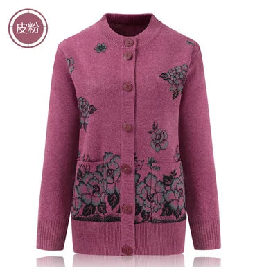 Grandma Knitted Cardigan Jacket Autumn Winter Loose Women Print Long-sleeve Sweater Coat Plus size Warm Cardigan Women clothing