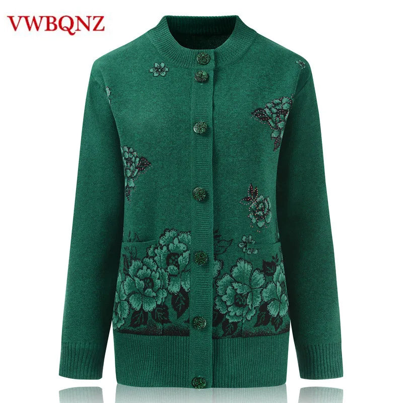 Grandma Knitted Cardigan Jacket Autumn Winter Loose Women Print Long-sleeve Sweater Coat Plus size Warm Cardigan Women clothing