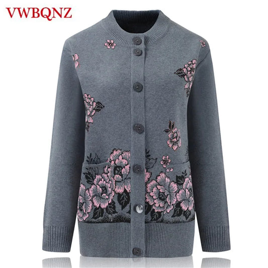 Grandma Knitted Cardigan Jacket Autumn Winter Loose Women Print Long-sleeve Sweater Coat Plus size Warm Cardigan Women clothing