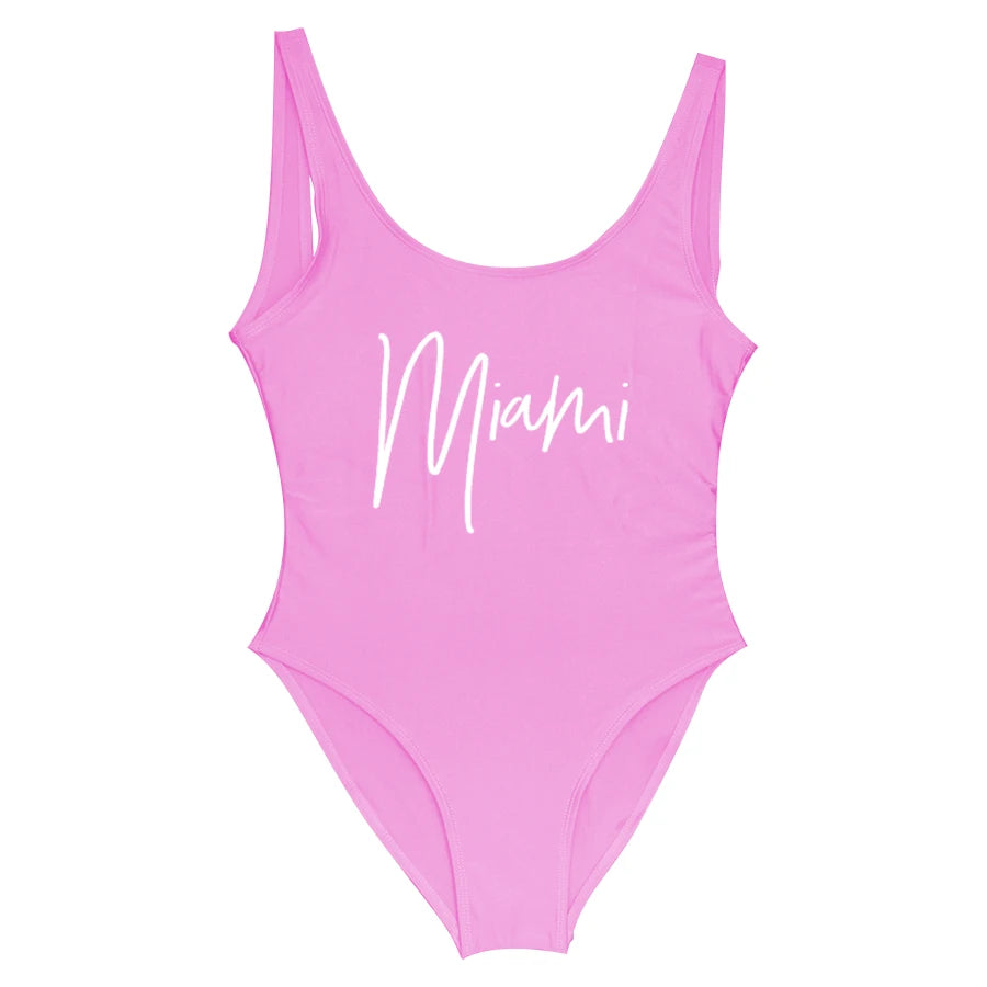 S-3XL MIAMI Letter  Women Swimwear One-Piece Swimsuit Bodysuit  Sexy Swimwear Solid Plus Size Bathing Suit Wear