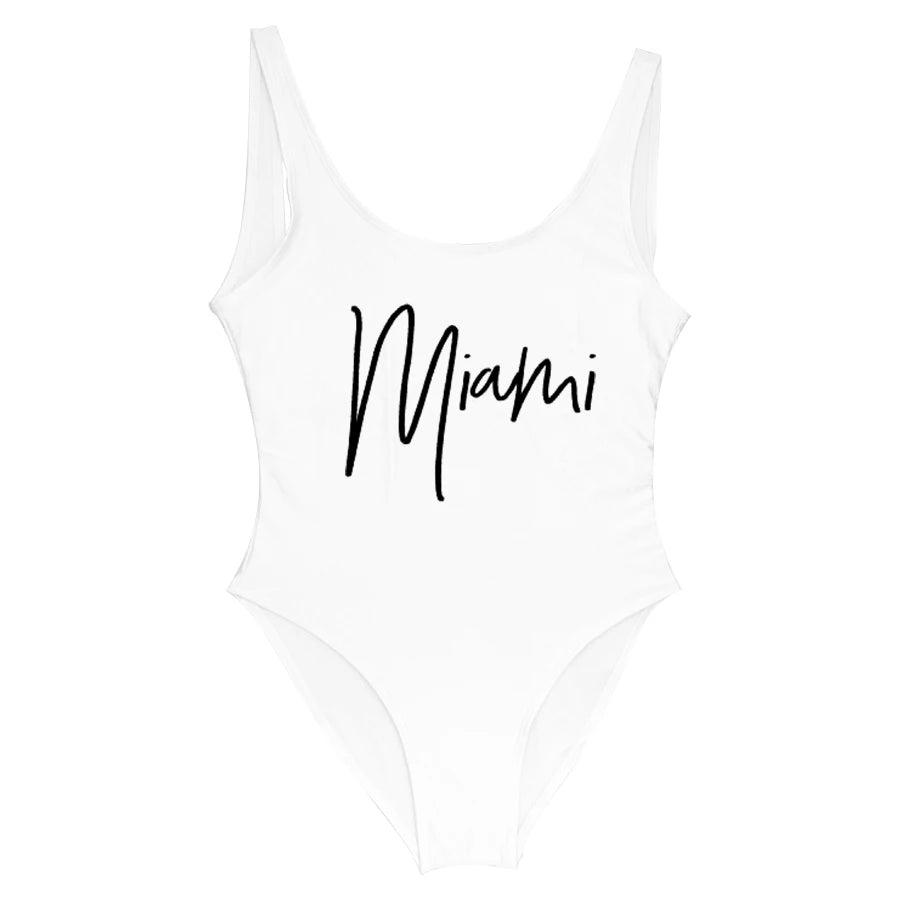 S-3XL MIAMI Letter  Women Swimwear One-Piece Swimsuit Bodysuit  Sexy Swimwear Solid Plus Size Bathing Suit Wear