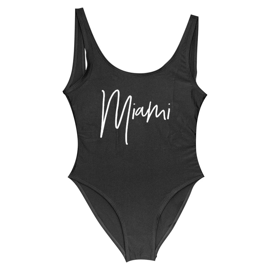 S-3XL MIAMI Letter  Women Swimwear One-Piece Swimsuit Bodysuit  Sexy Swimwear Solid Plus Size Bathing Suit Wear